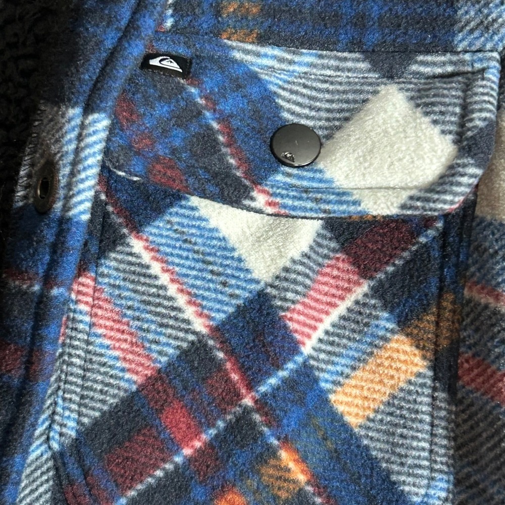 Quiksilver Men Hooded Flannel Shirt Jacket Blue Plaid Sherpa Lined Small Shacket - Picture 4 of 13